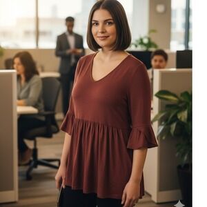 Jessica Simpson Russet Brown Susie Babydoll Tunic Top 1X Ruffle Sleeve V-Neck‎